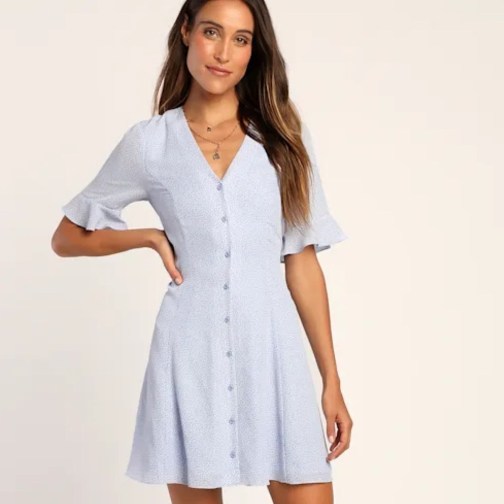 Lulu’s Castana Blue Print Button-Up Mini Dress tiny floral